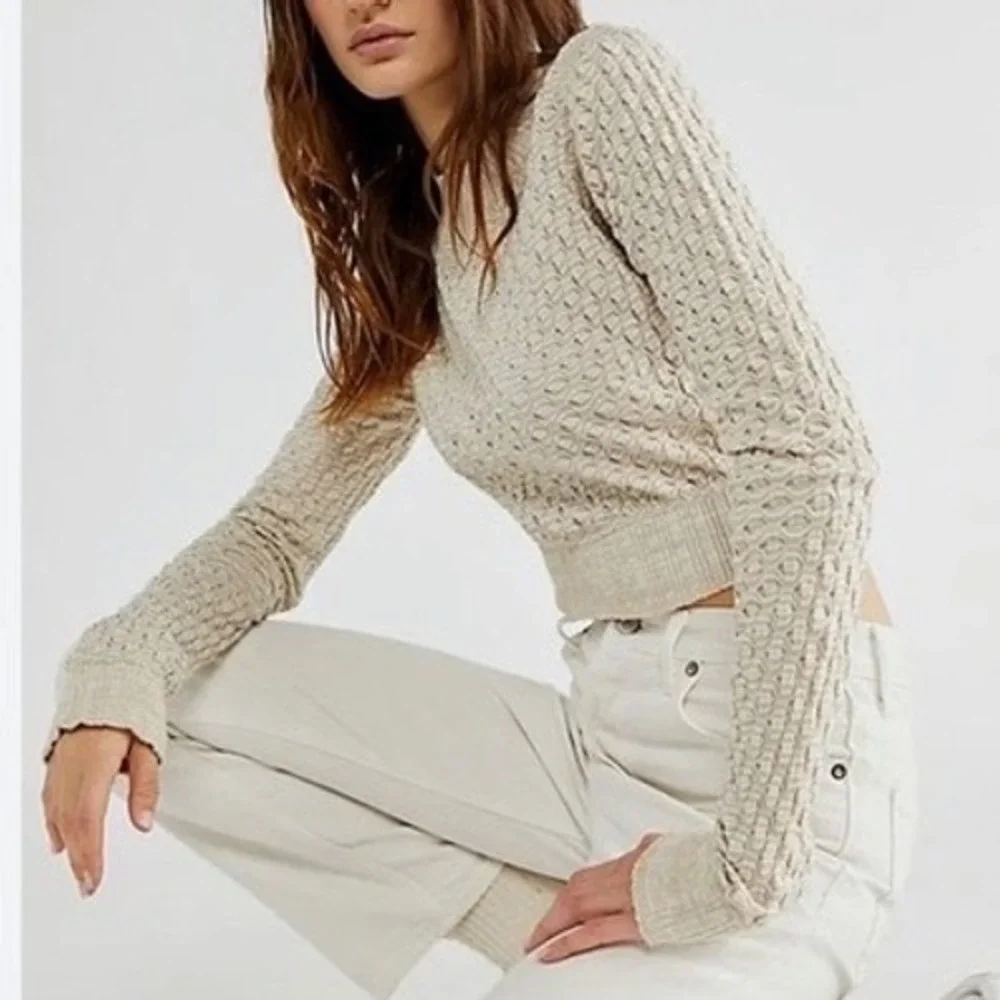 Free People Jane Top Cream White Honeycomb Textured Knit Long Sleeve Crop Small